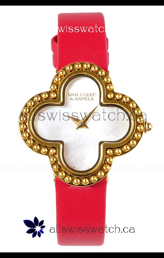 Van Cleef & Arpels Alhambra Yellow Gold Red Strap Watch 