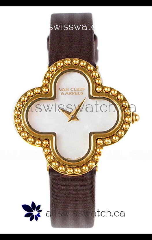Van Cleef & Arpels Alhambra Yellow Gold Brown Strap Watch 