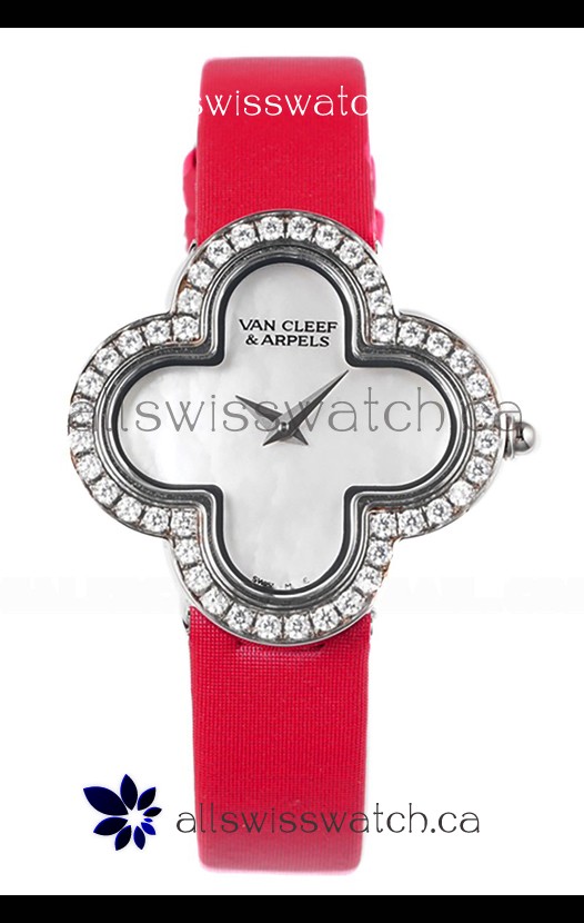 Van Cleef & Arpels Alhambra Stainless Steel Diamonds Bezel Red Strap Watch 