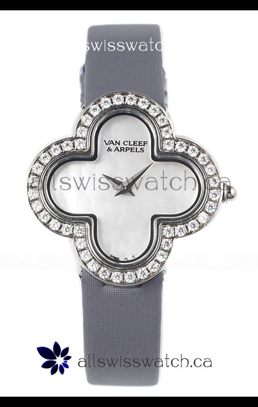 Van Cleef & Arpels Alhambra Stainless Steel Diamonds Bezel Grey Strap Watch 