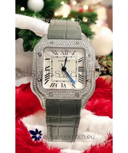 Santos De Cartier Watch in White Dial 39.50MM MOSSANITES Paved Bezel Swiss Replica Watch