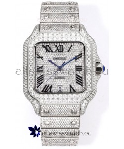 Cartier "Santos De Cartier" Stainless Steel W/ Diamonds Roman Dial 1:1 Mirror Replica - 40MM - Genuine Diamonds