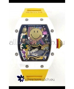 Richard Mille Super Clone RM088 Smiley Tourbillon White Ceramic Rubber Strap Watch 