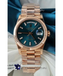Rolex Day Date Super Clone Rose Gold Blue Dial Crystal Numerals Watch 36MM - 1:1 Mirror Quality