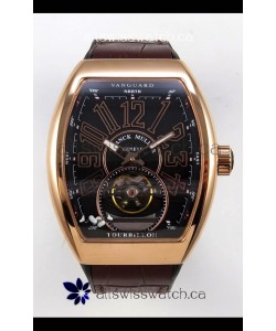 Franck Muller V45 Tourbillon Rose Gold Black Dial Black Leather Super Clone Watch 