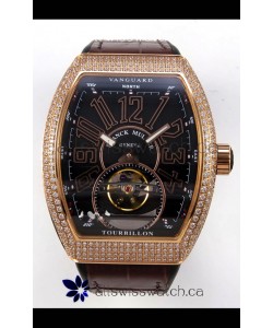 Franck Muller V45 Tourbillon Rose Gold Diamonds Brown Strap Super Clone Watch 