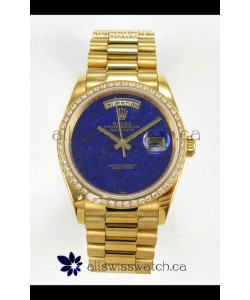 Rolex Day Date Yellow Gold Blue Lapis Dial Diamonds Bezel 36MM Swiss Replica