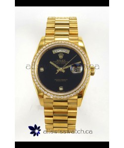 Rolex Day Date Yellow Gold Black Dial Diamonds Bezel 36MM Swiss Replica