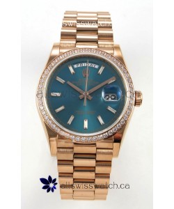 Rolex Day Date 128345 Rose Gold Green Crystal Dial Diamonds Bezel Super Clone Watch 