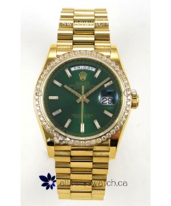 Rolex Day Date 128348 Yellow Gold Green Crystal Dial Diamonds Bezel Super Clone Watch 