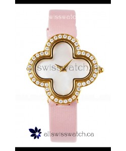 Van Cleef & Arpels Alhambra Yellow Gold Diamonds Bezel Pink Strap Watch 