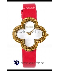 Van Cleef & Arpels Alhambra Yellow Gold Red Strap Watch 