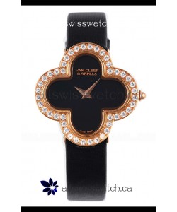 Van Cleef & Arpels Alhambra Rose Gold Diamonds Bezel Black Strap Watch 