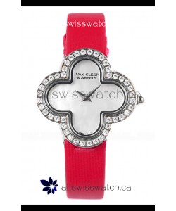 Van Cleef & Arpels Alhambra Stainless Steel Diamonds Bezel Red Strap Watch 