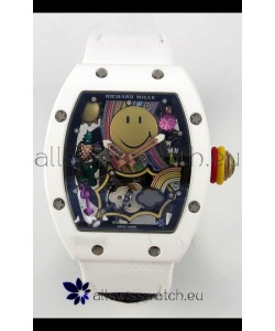 Richard Mille Super Clone RM088 Smiley Tourbillon White Ceramic Velcro Strap Watch 