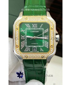 Cartier Santos De Cartier Green Dial Diamonds Two Tone Swiss Replica Watch 