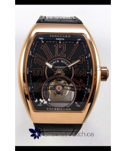 Franck Muller V45 Tourbillon Rose Gold Black Dial Brown Leather Super Clone Watch 