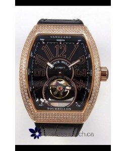 Franck Muller V45 Tourbillon Rose Gold Diamonds Black Strap Super Clone Watch 