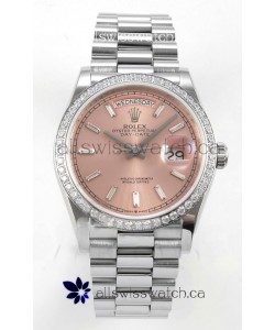 Rolex Day Date 128349 Stainless Steel Pink Crystal Dial Super Clone Watch 
