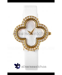 Van Cleef & Arpels Alhambra Yellow Gold Diamonds Bezel Pearl Dial Watch 