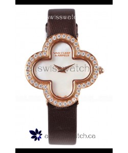 Van Cleef & Arpels Alhambra Rose Gold Diamonds Bezel Black Strap Watch 