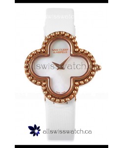 Van Cleef & Arpels Alhambra Rose Gold White Strap Watch 
