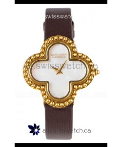 Van Cleef & Arpels Alhambra Yellow Gold Brown Strap Watch 