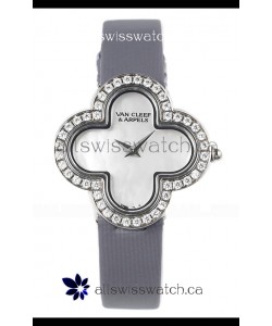 Van Cleef & Arpels Alhambra Stainless Steel Diamonds Bezel Grey Strap Watch 